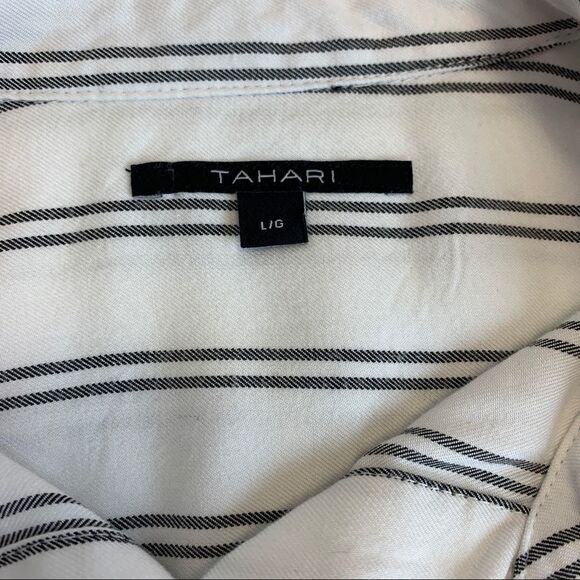 TAHARI white black pinstripe button-down long sleeve shirt size large - Picture 6 of 11
